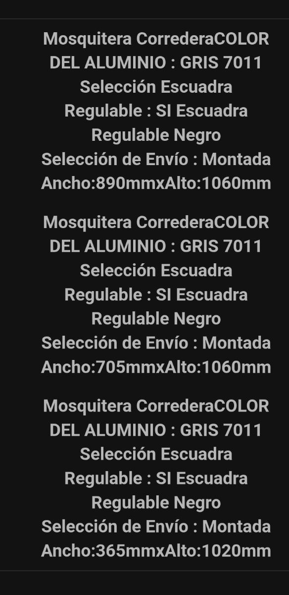 3 Mosquiteras ventana corredera gris RAL 7011