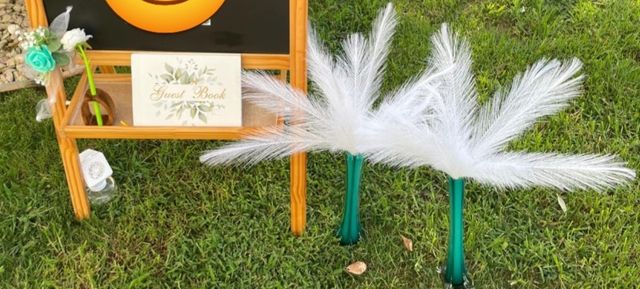 2 jarrones verdes con plumas blancas