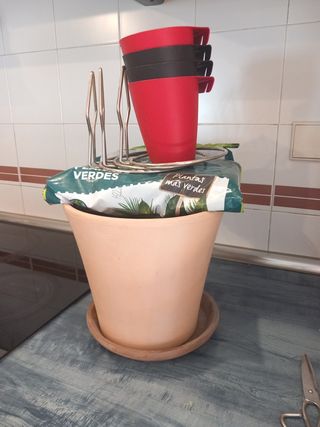 Maceta barro beige - tiesto y plato colgadores