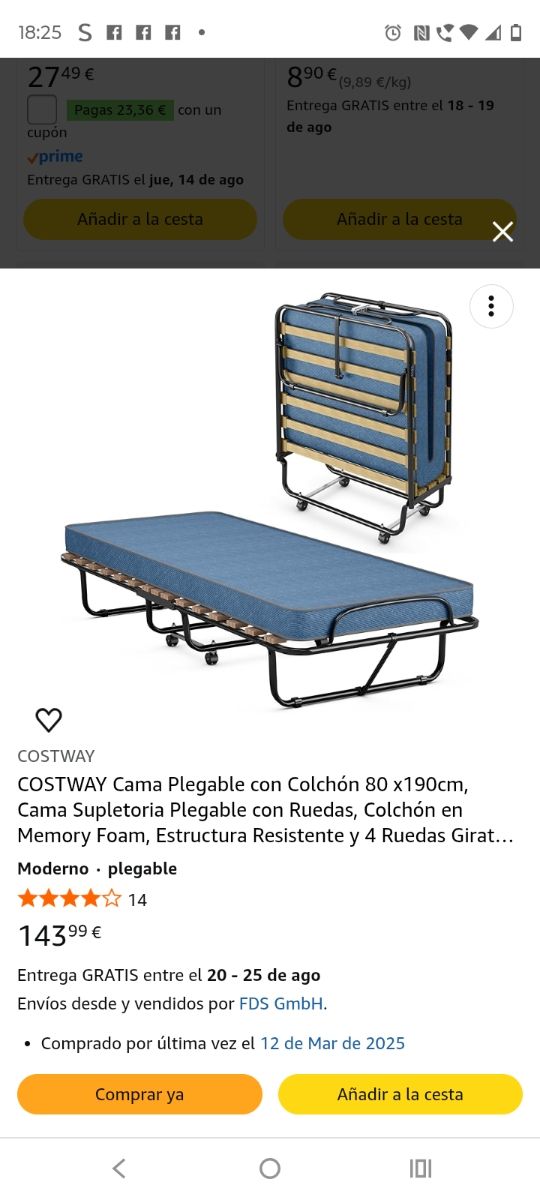 Cama plegable COSTWAY 80x190cm