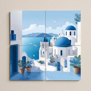 Mural cerámico Santorini con cúpulas azules 