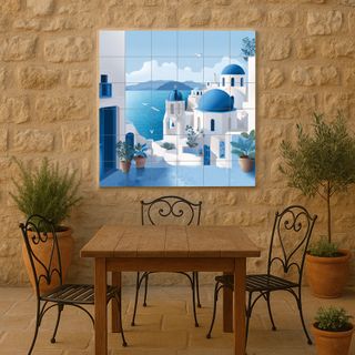 Mural cerámico Santorini con cúpulas azules 