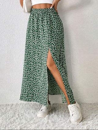Falda larga verde estampada