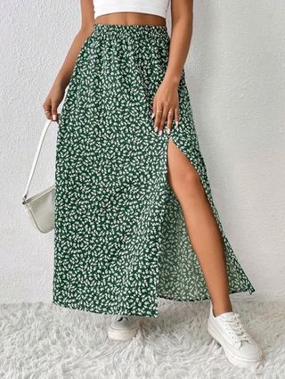Falda larga verde estampada