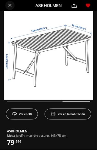 Mesa jardín IKEA ASKHOLMEN - Madera - 143x75 cm