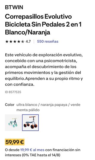 Correpasillos evolutivo bicicleta  sin pedales 