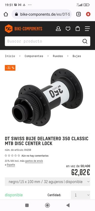 ♥️50% Dto Buje DT Swiss 350 Delantero