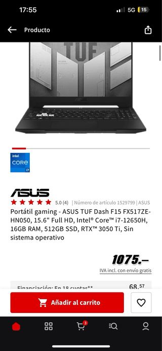 Portátil Asus TUF Dash F15