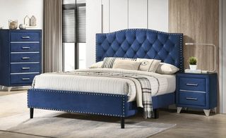 Cama terciopelo azul - Cabecera capitoné
