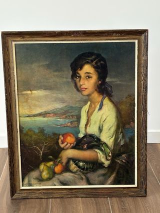 Cuadro antiguo niña con frutas
