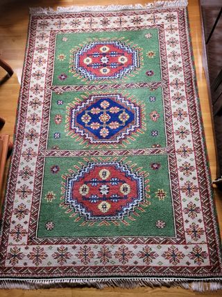 Alfombra lana - Verde y Beige