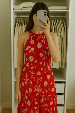 Vestido rojo halter floral - talla 36