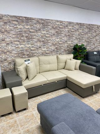 SOFA CHAISE LONGUE + 2 PUFF NUEVO BEIGE Y GRIS