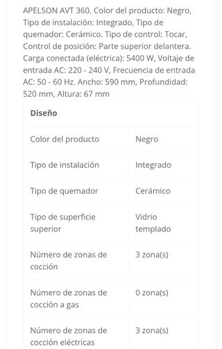 Vitrocerámica Apelson AVT360 - 3 zonas