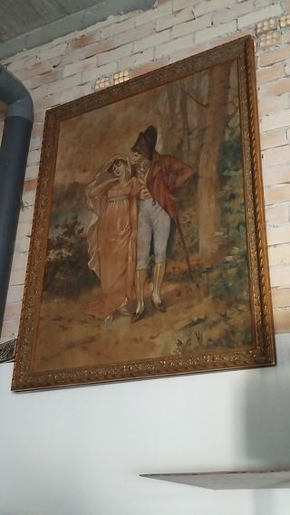 Cuadro tapiz siglo XIX, marco dorado