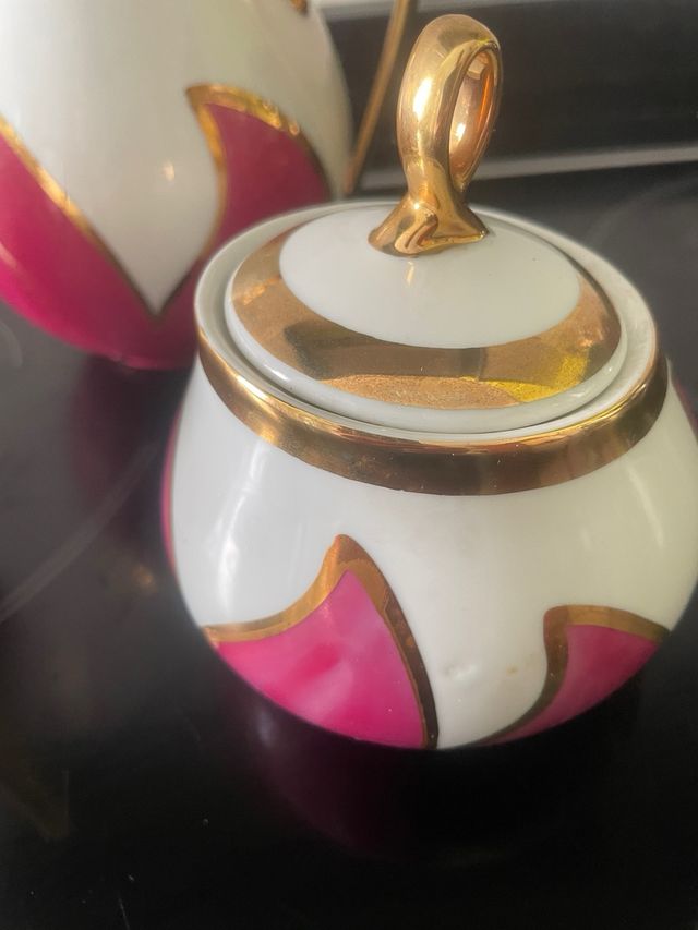 Juego café/té porcelana rosa-blanco