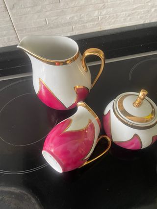 Juego café/té porcelana rosa-blanco