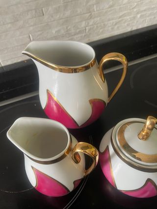 Juego café/té porcelana rosa-blanco