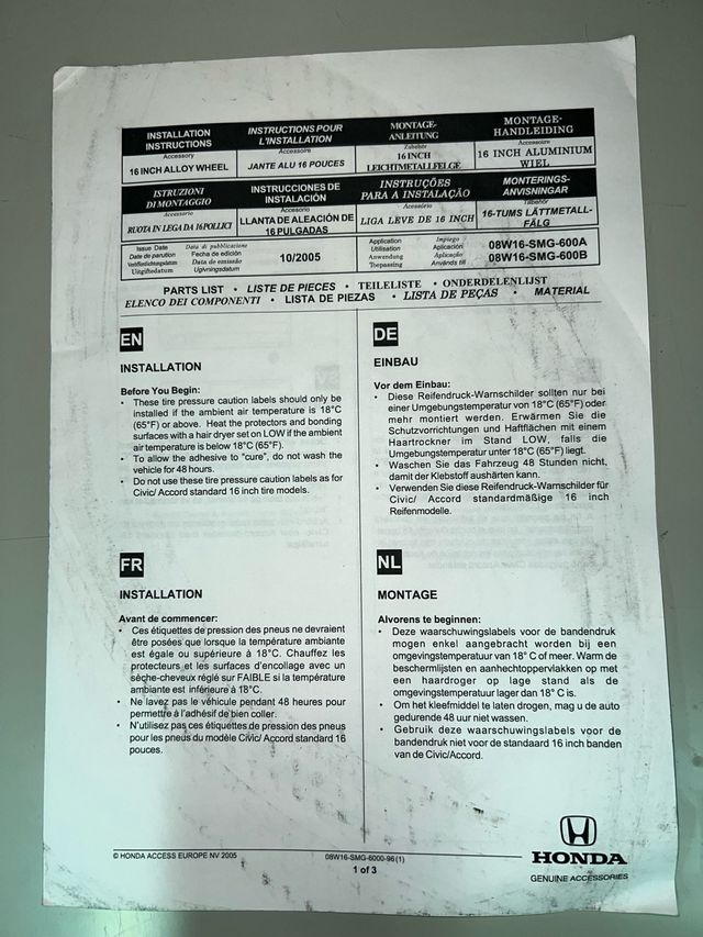Llantas de aleación Honda 16 pulgadas NUEVAS