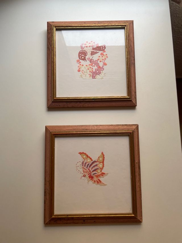 2 Quadri artistici in carta, motivo: farfalla e uccello