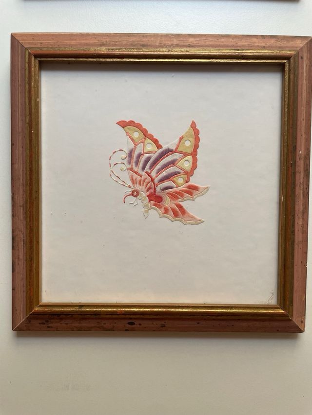 2 Quadri artistici in carta, motivo: farfalla e uccello