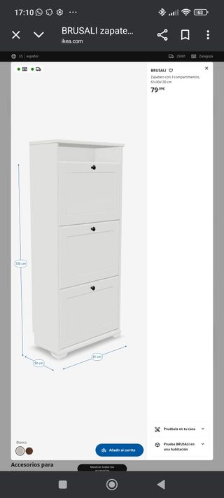 Zapatero BRUSALI Ikea blanco - 3 compartimentos