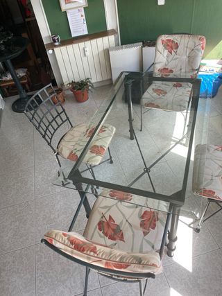 Mesa jardín cristal y hierro - 4 sillas