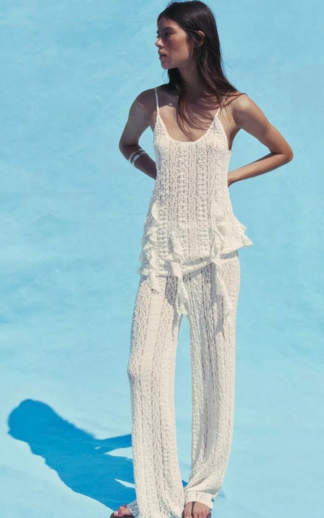 Traje blanco crema- Top y pantalón encaje textura