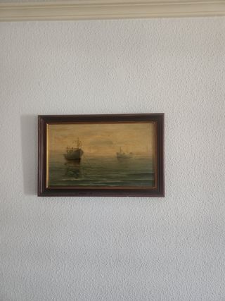 Cuadro barcos óleo, marco madera