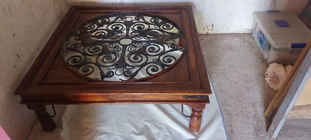 Mesa centro madera forja y cristal 