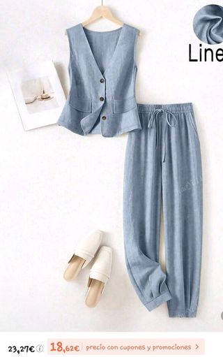 Traje lino azul: chaleco y pantalón