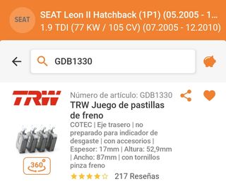 Discos y Pastillas eje trasero  SEAT León 2
