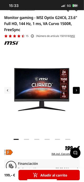 Monitor Gaming MSI Optix G24C6 - 144Hz NEGOCIABLE