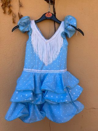 Traje Flamenca niña, azul lunares, talla 24