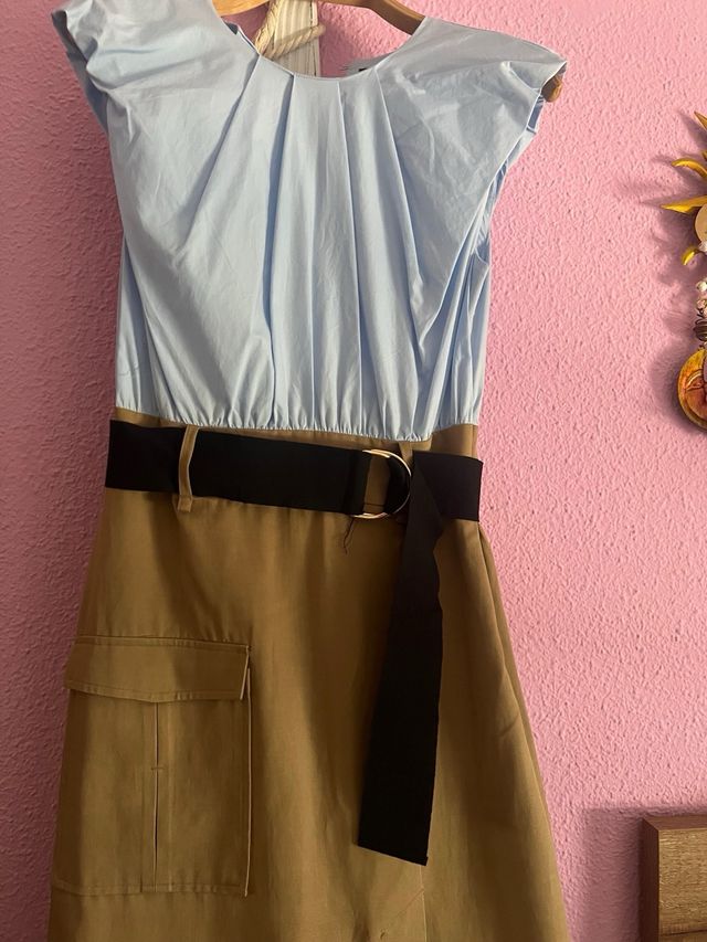 Vestido Zara azul y beige