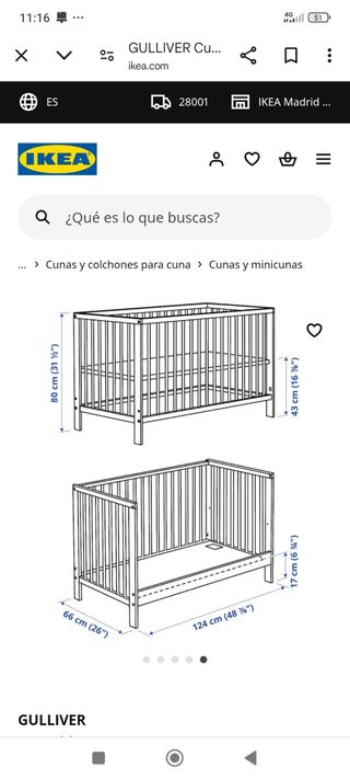 Cuna GULLIVER Ikea + colchón, valida para colecho 