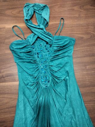 Vestido largo fiesta verde azulado