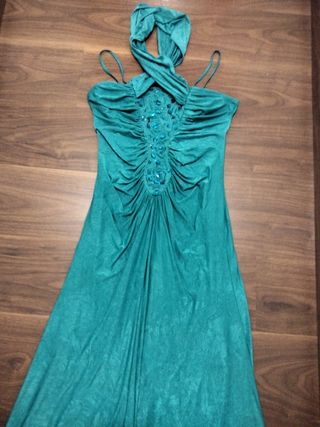 Vestido largo fiesta verde azulado