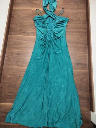 Vestido largo fiesta verde azulado