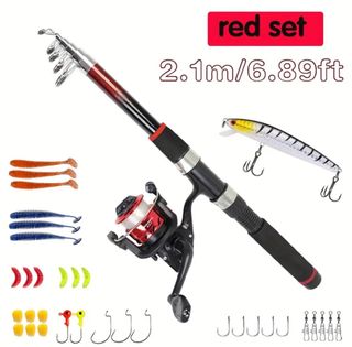 Caña Pesca 2.1m + Carrete Rojo con sedal