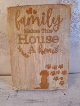 Quadro legno rustico cane famiglia