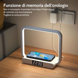 Orologio Luce da comodino ricarica wireless + USB