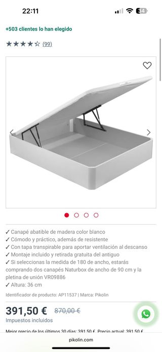 Canapé abatible Pikolin 135x190 colchon incluido