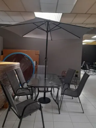 Mesa jardín 6 sillas cristal gris