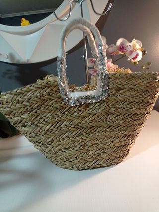 Capazo rafia beige-plata