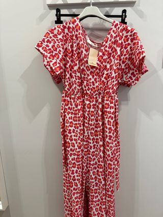 macacão longo estampado - rosa e branco