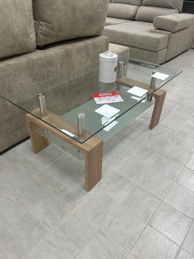 Mesita centro cristal madera