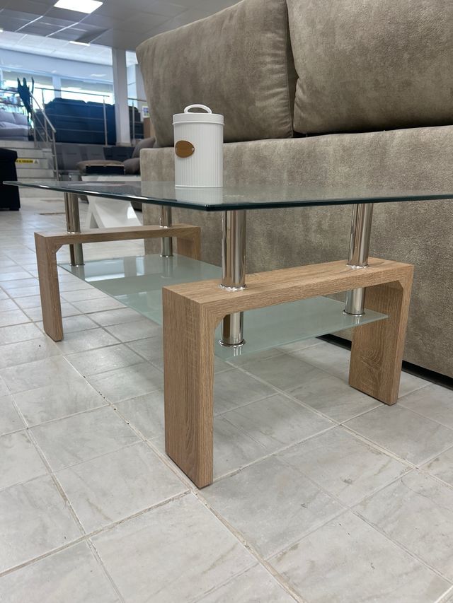 Mesita centro cristal madera