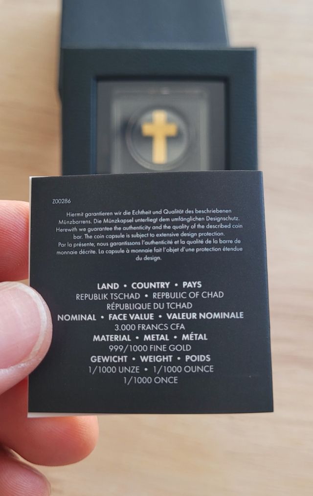 Moneda oro 999 CRUZ 24K Chad 2025 con cetificado