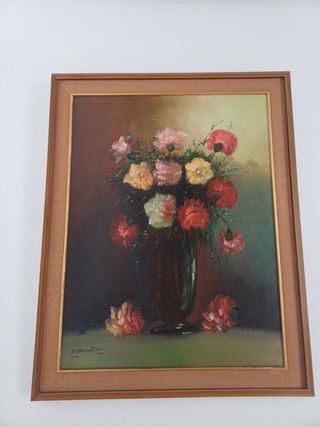 Cuadro óleo flores jarrón vintage